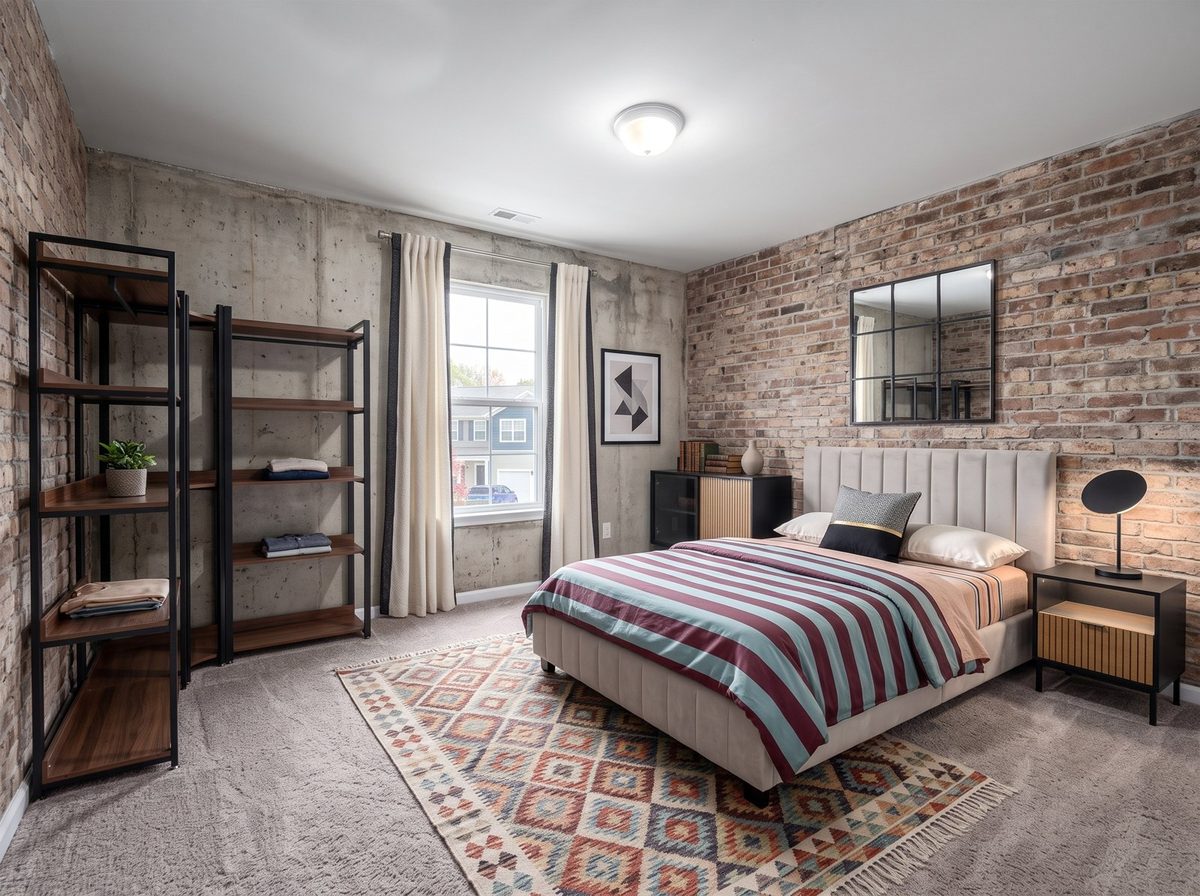 Chambre réaménagée en ambiance industrielle