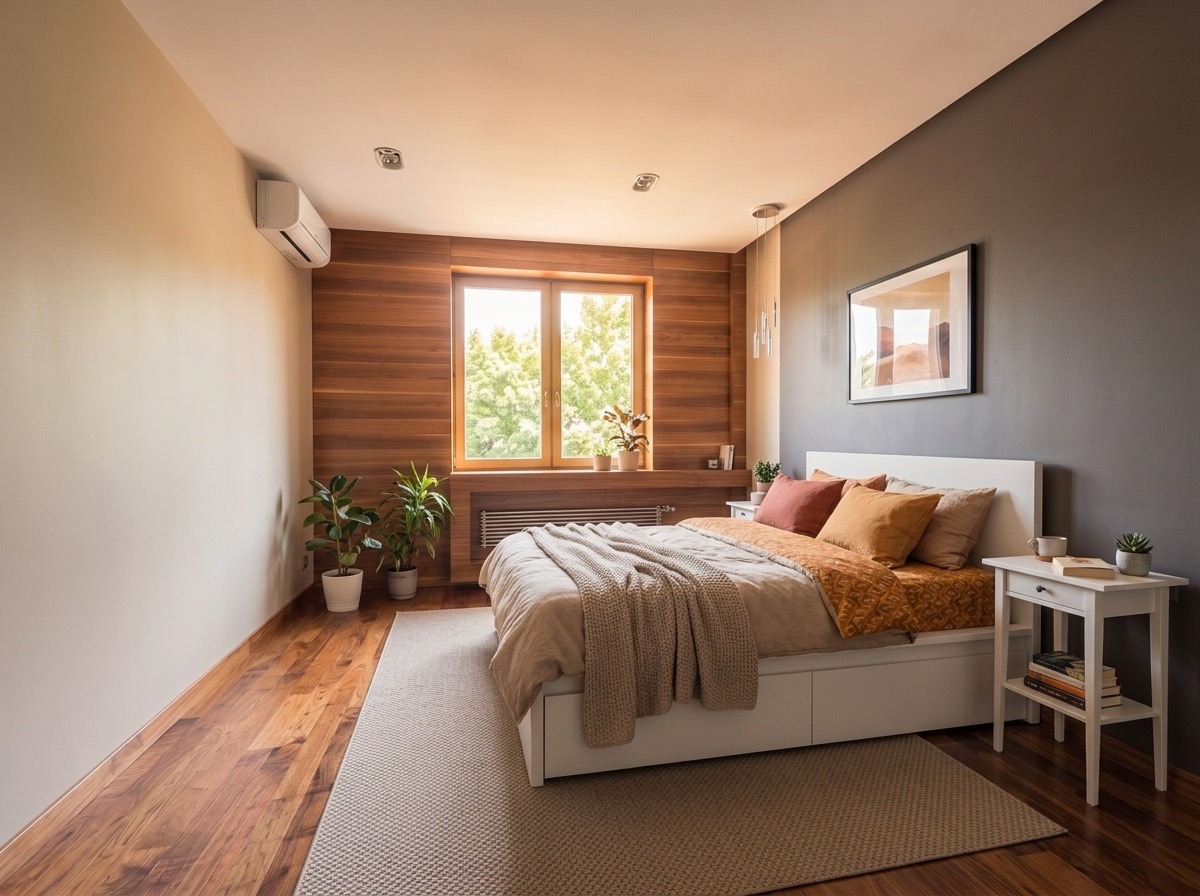 The same bedroom refurnished by DecoScale: a white bed, its head against the long grey wall, leaving the window and radiator on the short wall clear; a bedside table on each side, a rug under the bed