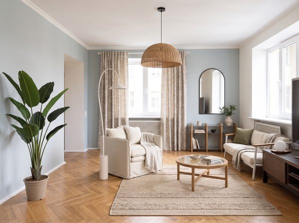 Rendu DecoScale : salon réaménagé en style bord de mer, une suspension en rotin au centre et un lampadaire en arc près du fauteuil