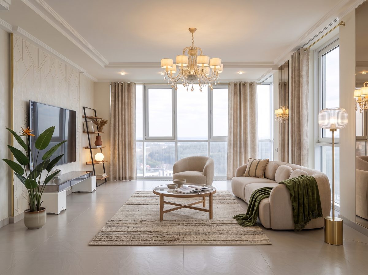 Rendu DecoScale : salon réaménagé en style art déco, le tapis délimite le coin salon et porte toute la table basse