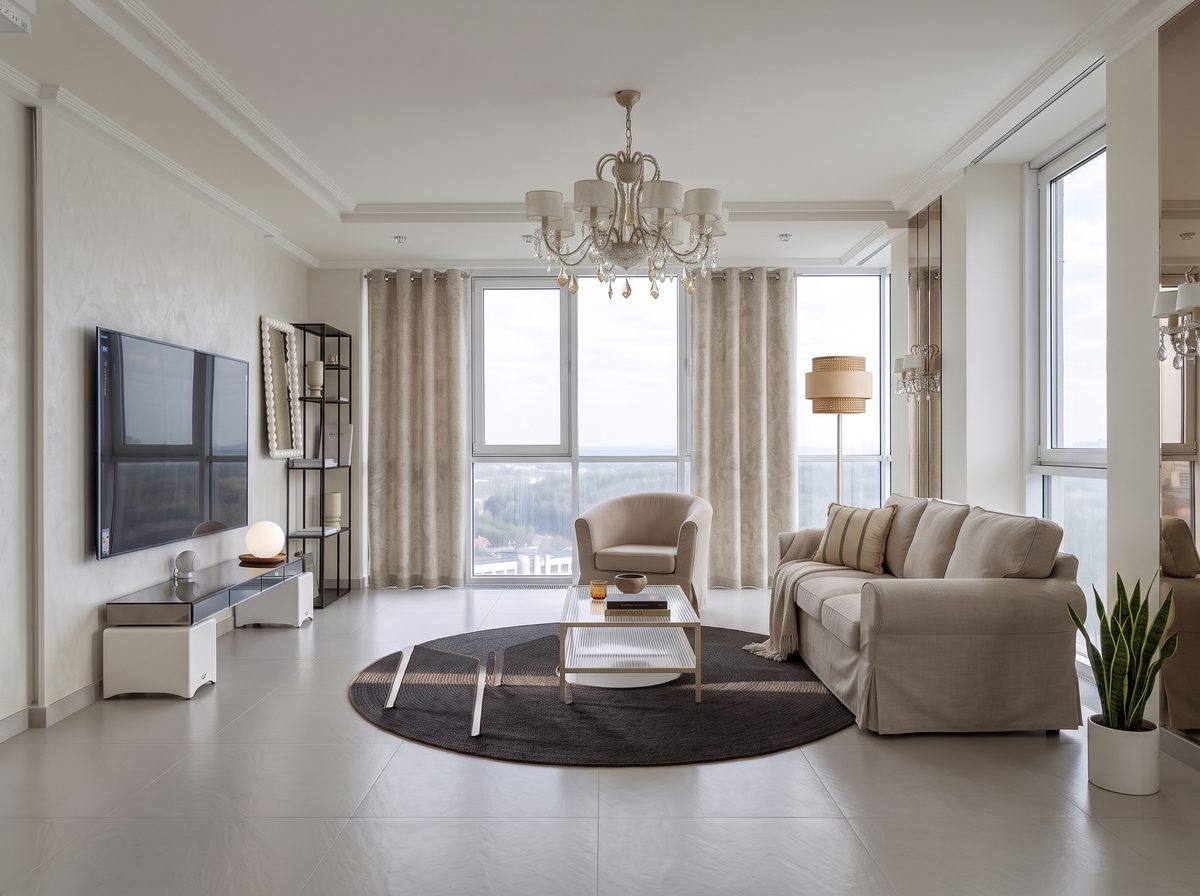 The same living room virtually restaged in a minimalist style, wall-mounted TV and chandelier kept